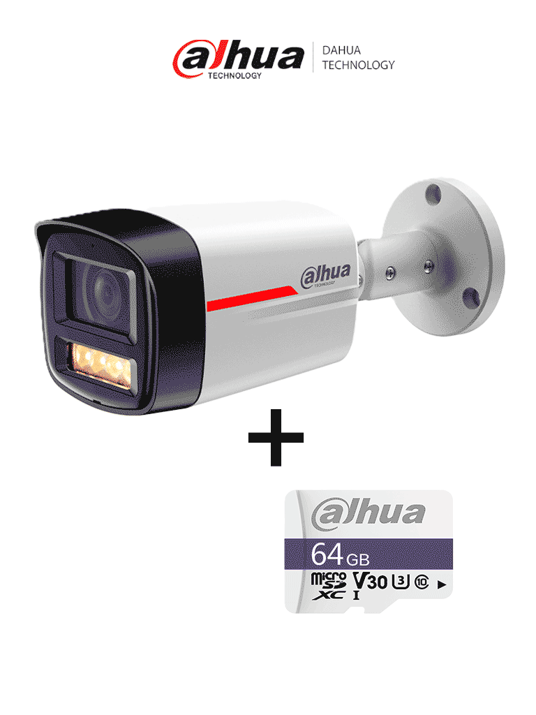 DAHUA PAQUETE Cámara IP DH-IPC-HFW2249TLP-S-LED-0280B-PRO- Cámara IP Bullet de 2MP / WizColor/ WizSense/ SMD Plus/ Protección Perimetral/ Detección de movimiento inteligente/ Lente 2.8mm/ Luz Cálida 50m/ Micrófono + Micro SD IP67/DHI-TF-C100/64GB DAHUA PAQUETE Cámara IP DH-IPC-HFW2249TLP-S-LED-0280B-PRO- Cámara IP Bullet de 2MP / WizColor/ WizSense/ SMD Plus/ Protección Perimetral/ Detección de movimiento inteligente/ Lente 2.8mm/ Luz Cálida 50m/ Micrófono + Micro SD IP67/DHI-TF-C100/64GB